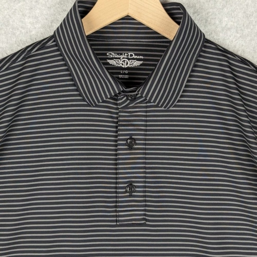 Straight Down Golf Polo Men's Large Black Gray Stripe Performance Stretch